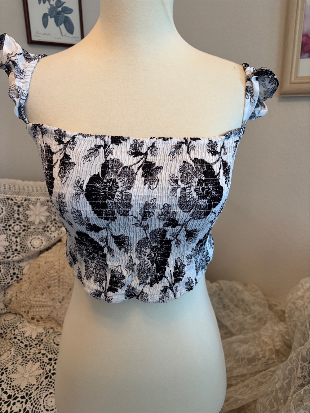Aakaa Black & White Smocked Floral Crop Top with Tie Straps
